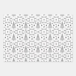 Elegantes Schwarz-weißes Weihnachtsbaummuster Geschenkpapier Set