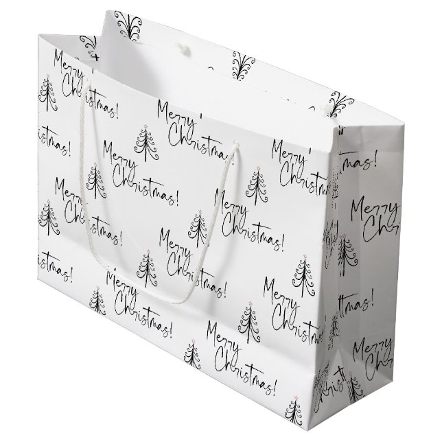 Elegantes Schwarz-weißes Weihnachtsbaummuster Große Geschenktüte (Vorderseite Schrägansicht)