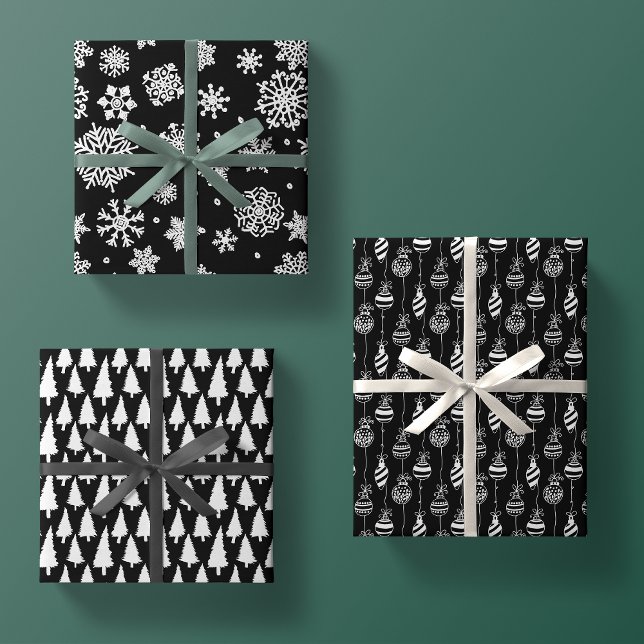 Elegantes Schwarz-weißes Weihnachtsmuster Trio-Ges Geschenkpapier Set (Von Creator hochgeladen)