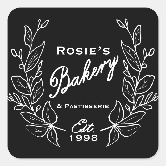 Elegantes Schwarz-weißes Wreath Bakery Script-Logo Quadratischer Aufkleber (Vorderseite)