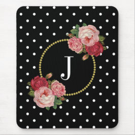 Elegantes Schwarzes Antique Floral Polka Dots Mono Mousepad