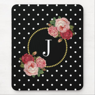Elegantes Schwarzes Antique Floral Polka Dots Mono Mousepad