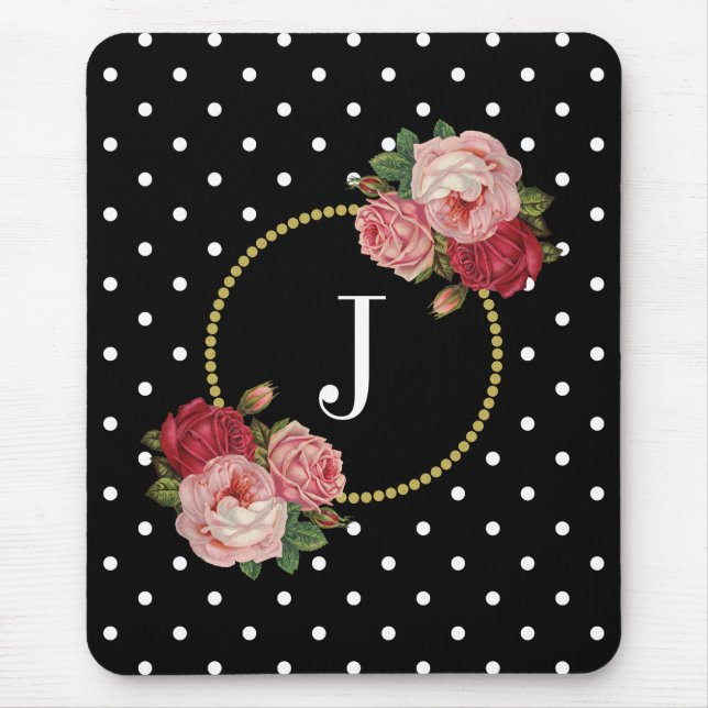 Elegantes Schwarzes Antique Floral Polka Dots Mono Mousepad (Vorne)