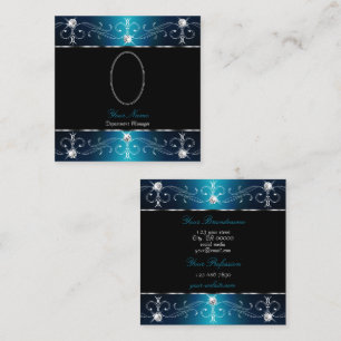 Elegantes Schwarzes Aquamarines Blau Verzierte Orn Quadratische Visitenkarte