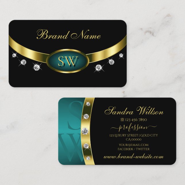 Elegantes Schwarzes Aquamarines Gold mit Monogram  Visitenkarte (Vorne/Hinten)