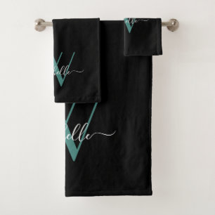 Elegantes Schwarzes Aquamarines Monogramm Name Skr Badhandtuch Set