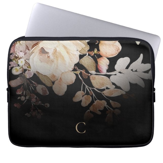 Elegantes Schwarzes Aquarellfarbenmonogramm Laptopschutzhülle (Vorderseite)