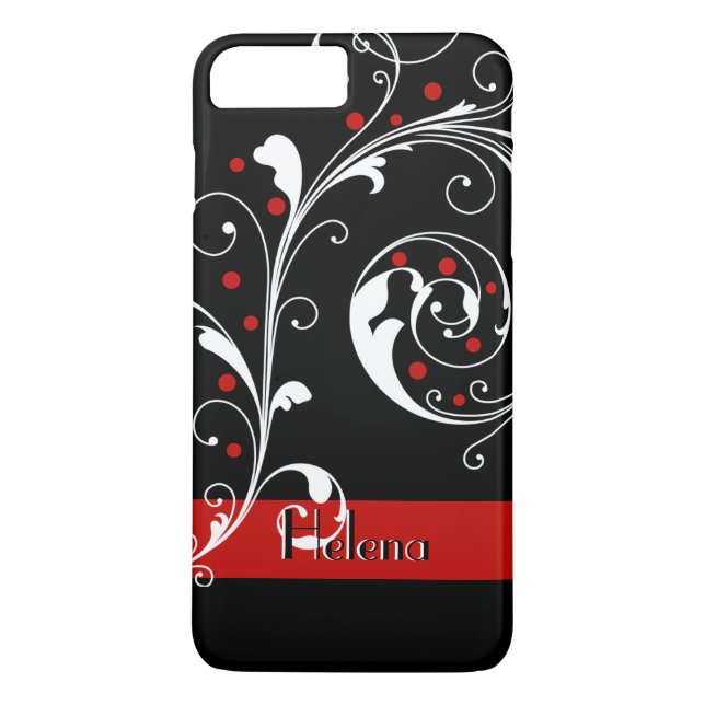 Elegantes, schwarzes Blätterblatt mit Blumen, rot  Case-Mate iPhone Hülle (Rückseite)