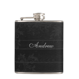 Elegantes Schwarzes blühen Monogramm Flachmann