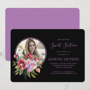 Elegantes schwarzes Blumen-Themen-Foto Sweet 16 Einladung