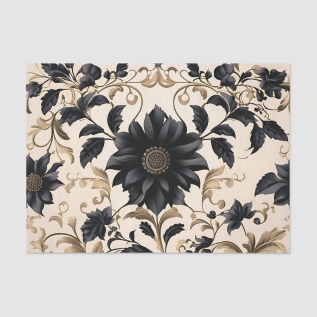 Elegantes Schwarzes Blumenmuster Seidenpapier (Vorderseite)