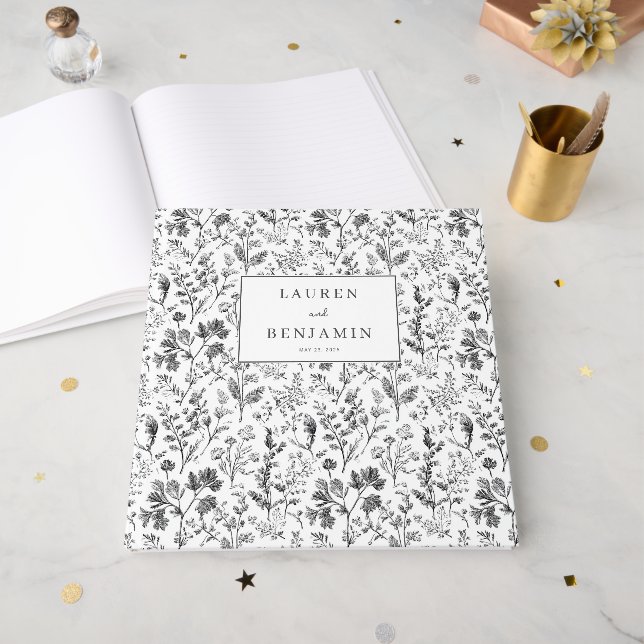 Elegantes schwarzes Botanikdesign Gästebuch (Vorderseite offen)