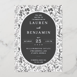 Elegantes schwarzes botanisches Blumenmuster Folieneinladung