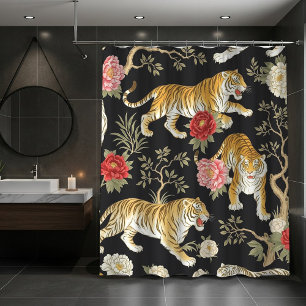 Elegantes schwarzes Chinoiserie-Tiger- und Pfingst Duschvorhang