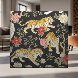 Elegantes schwarzes Chinoiserie-Tiger- und Pfingst Fliese