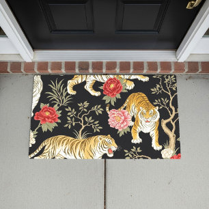 Elegantes schwarzes Chinoiserie-Tiger- und Pfingst Fußmatte