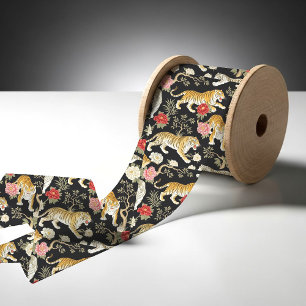 Elegantes schwarzes Chinoiserie-Tiger- und Pfingst Satinband