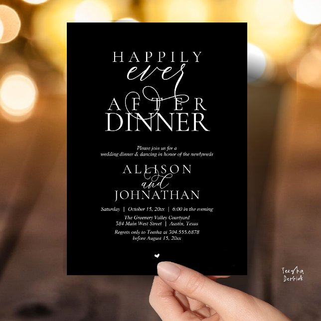 Elegantes schwarzes Dinner Hochzeit mit Happy End Einladung (Classy Black Happily Ever After Dinner Modern Script Wedding Invitation Card)