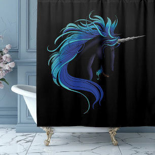 Elegantes Schwarzes Einhorn Blau Silber Magische F Duschvorhang