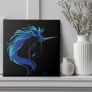 Elegantes Schwarzes Einhorn Blau Silber Magische F Fliese