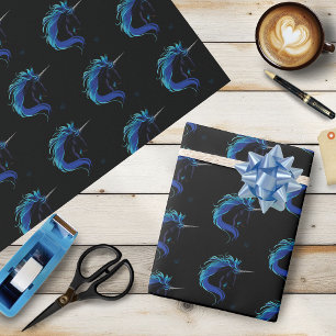 Elegantes Schwarzes Einhorn Blau Silber Magische F Geschenkpapier