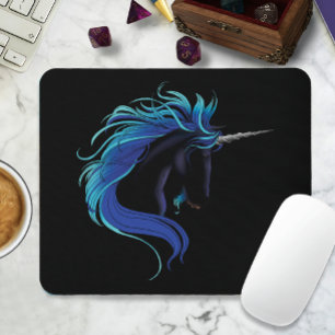 Elegantes Schwarzes Einhorn Blau Silber Magische F Mousepad