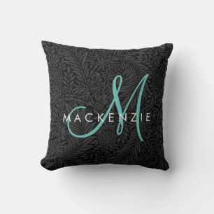 Elegantes Schwarzes Floral Aquamarines Script Mono Kissen