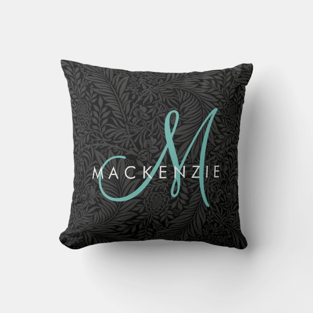 Elegantes Schwarzes Floral Aquamarines Script Mono Kissen (Vorderseite)