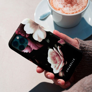 Elegantes Schwarzes Floral Botanisches Monogramm Case-Mate iPhone Hülle