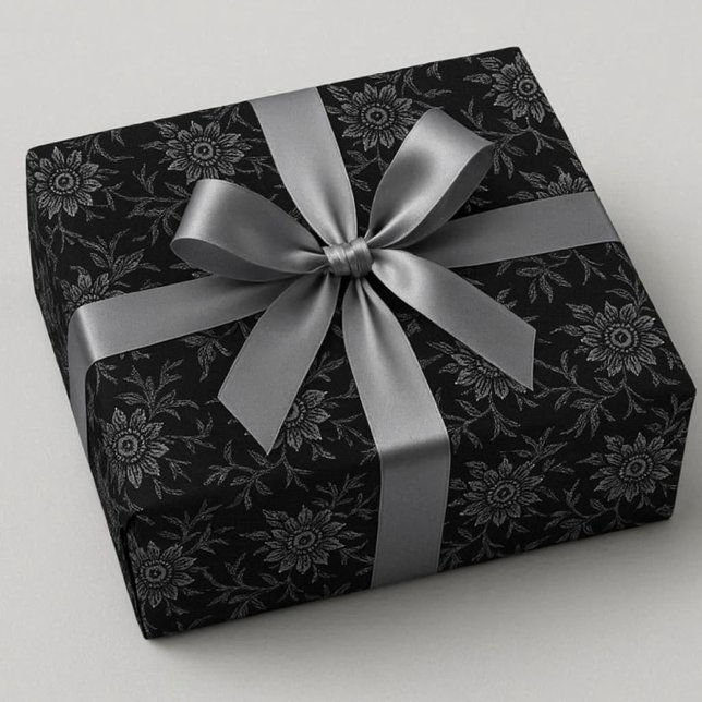 Elegantes schwarzes, florales dunkles Wrapping Pap Geschenkpapier (elegant gothic or dark theme wedding gift wrap.  Black with crystal floral accent)