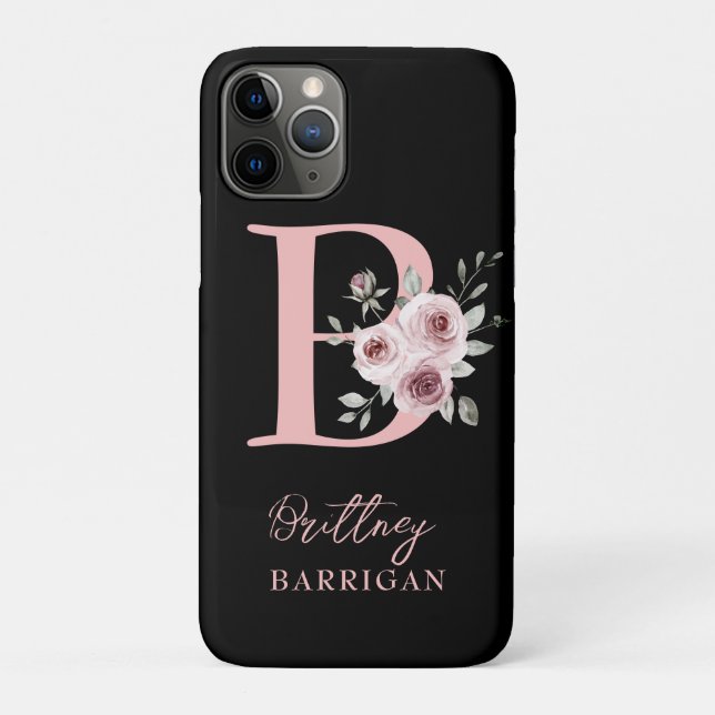 Elegantes schwarzes florales Monogramm Case-Mate iPhone Hülle (Rückseite)