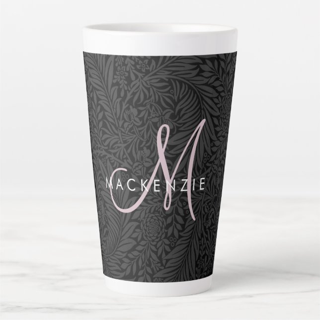 Elegantes schwarzes florales rosafarbenes Monogram Milchtasse (Vorderseite)