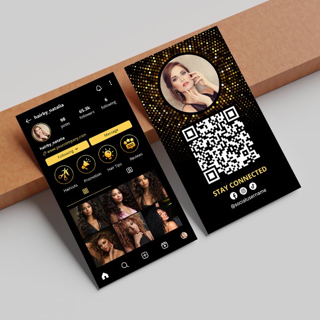 Elegantes Schwarzes Foto Haarstylist Instagram Visitenkarte (Von Creator hochgeladen)