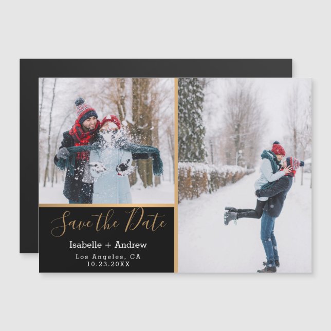 Elegantes Schwarzes FotoCollage Gold Save the Date Magneteinladung (Vorne/Hinten)
