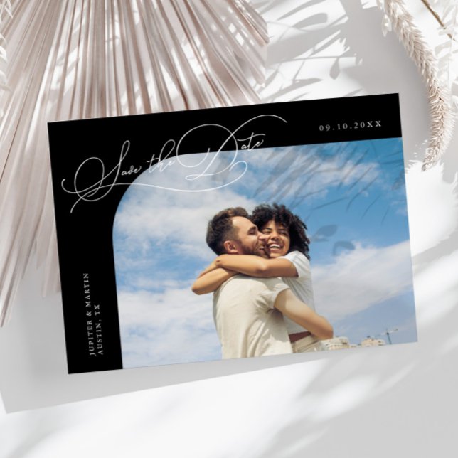 Elegantes schwarzes gebogenes Rahmenfoto Save The Date (Von Creator hochgeladen)