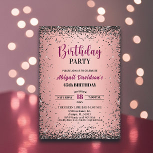 Elegantes schwarzes Glitter Metallic Rosa 45. Gebu Einladung