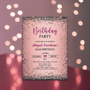 Elegantes schwarzes Glitter Metallic Rosa 62. Gebu Einladung