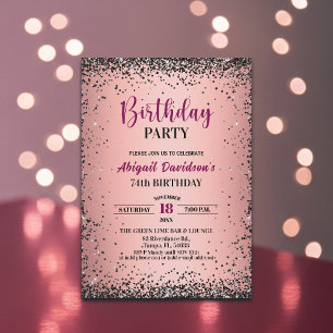 Elegantes schwarzes Glitter Metallic Rosa 74. Gebu Einladung