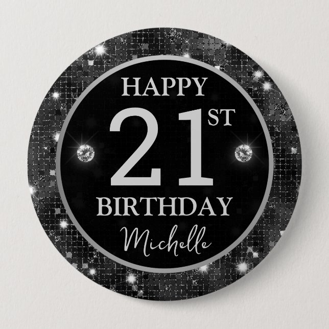 Elegantes schwarzes Glitter-Mosaik Geburtstag Button (Vorderseite)