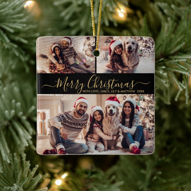Elegantes Schwarzes Gold 3 Foto Collage Weihnachte Keramikornament (Baum)