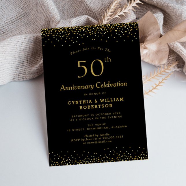 Elegantes schwarzes Gold 50. Hochzeitstag Einladung (Von Creator hochgeladen)