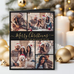 Elegantes Schwarzes Gold 5 Foto Collage Weihnachte Karte<br><div class="desc">Elegante Kalligrafie Moderne einfache Schwarz-Gold 5 Foto Collage Frohe Weihnachts-Script geklappte Holiday Card. Dieses festliche minimalistische Fünf (5) Foto Feiertage Grußkarte Vorlage zeigt eine hübsche Grid Foto Collage und sagt "Frohe Weihnachten"! Der "Frohe Weihnachten"-Grußtext ist in einer schönen Hand geschrieben, Wirble whimsical Swash-Schwanz Schriftart Typografie Skript in Gold auf schwarzem...</div>