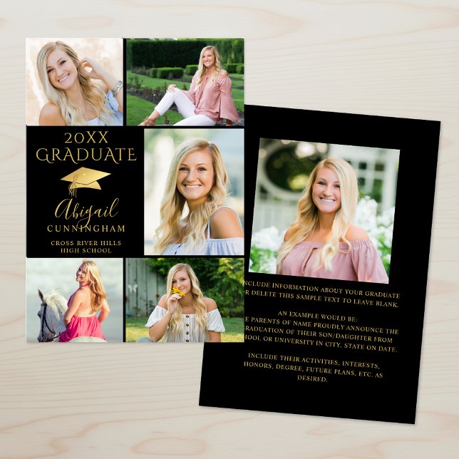 Elegantes Schwarzes Gold 6 Foto Collage Graduate Ankündigung (Von Creator hochgeladen)