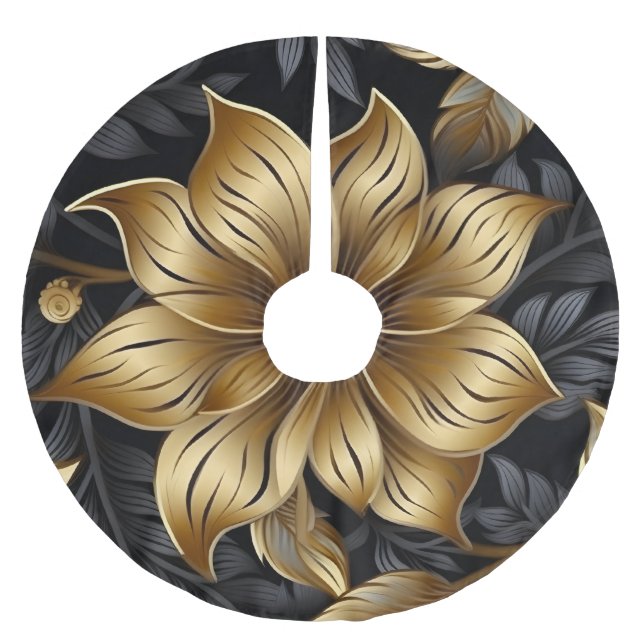 Elegantes Schwarzes Gold Blumendesign Weihnachten Polyester Weihnachtsbaumdecke (Vorderseite)