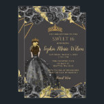 Elegantes Schwarzes Gold, florale Prinzessin SWEET Einladung<br><div class="desc">Elegantes Schwarzes Gold Blumendruckerin SWEET 16 Einladung</div>