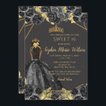 Elegantes Schwarzes Gold, florale Prinzessin SWEET Einladung<br><div class="desc">Elegantes Schwarzes Gold Blumendruckerin SWEET 16 Einladung</div>