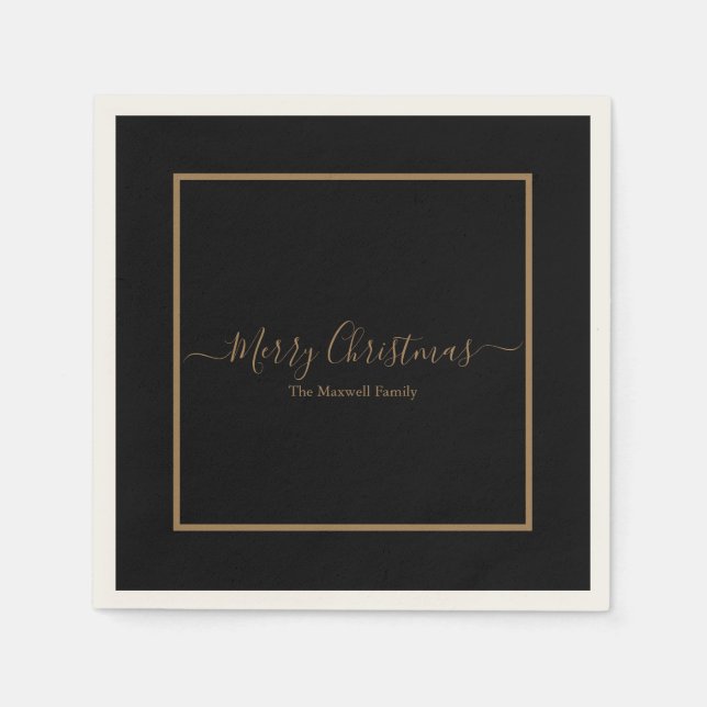 Elegantes schwarzes Gold Frohe Weihnachtsfamilie N Serviette (Vorderseite)