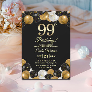 Elegantes Schwarzes Gold Glitter 99. Geburtstag Einladung
