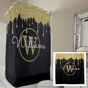 Elegantes schwarzes Gold-Glitter-Tropfen-Monogramm Duschvorhang