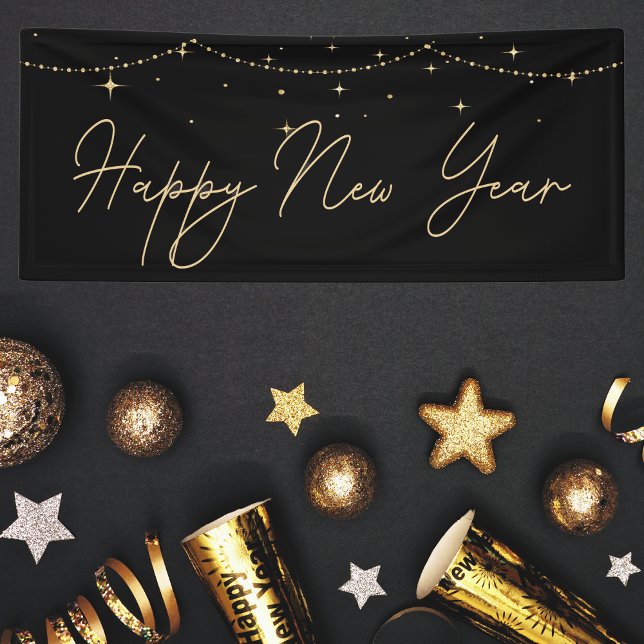 Elegantes Schwarzes Gold Glücklich Neues Jahr Banner (Elegant black and gold Happy New Year banner with sparkling lights, perfect for festive party décor.)